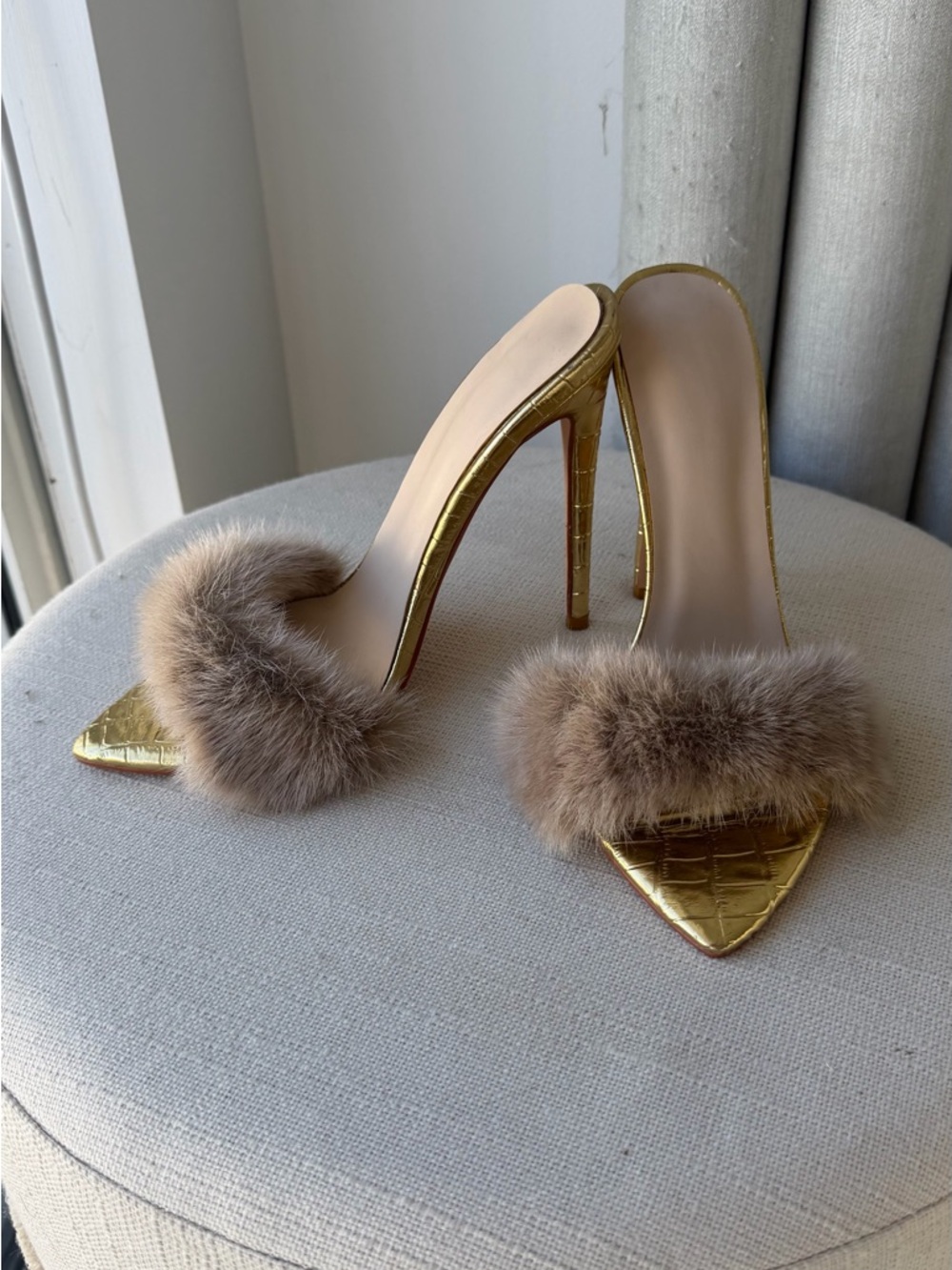 Gold Stiletto Mule with Taupe Fur Trim - Women's Luxury Slide - Picture 5 of 13